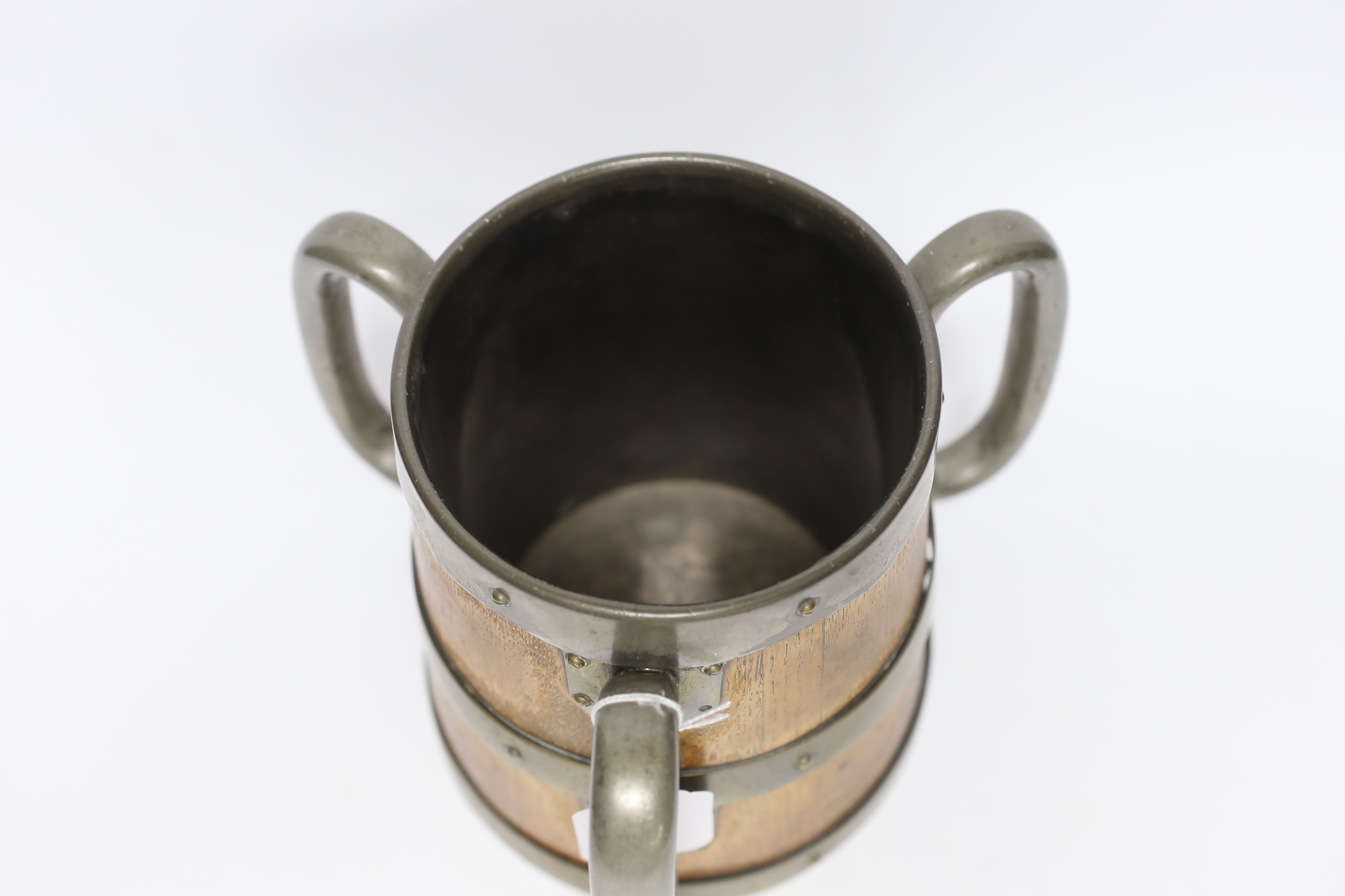A large Victorian oak and pewter tyg, 19.5cm high